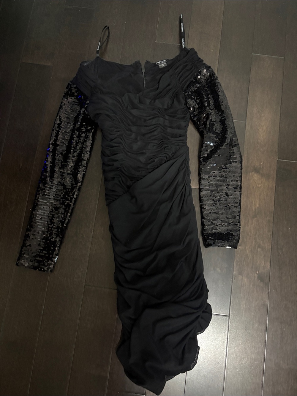 Marciano Black Ruched Bodycon Dress with Sequin Long Sleeves